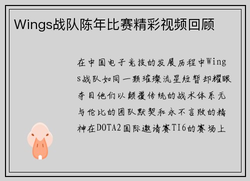 Wings战队陈年比赛精彩视频回顾